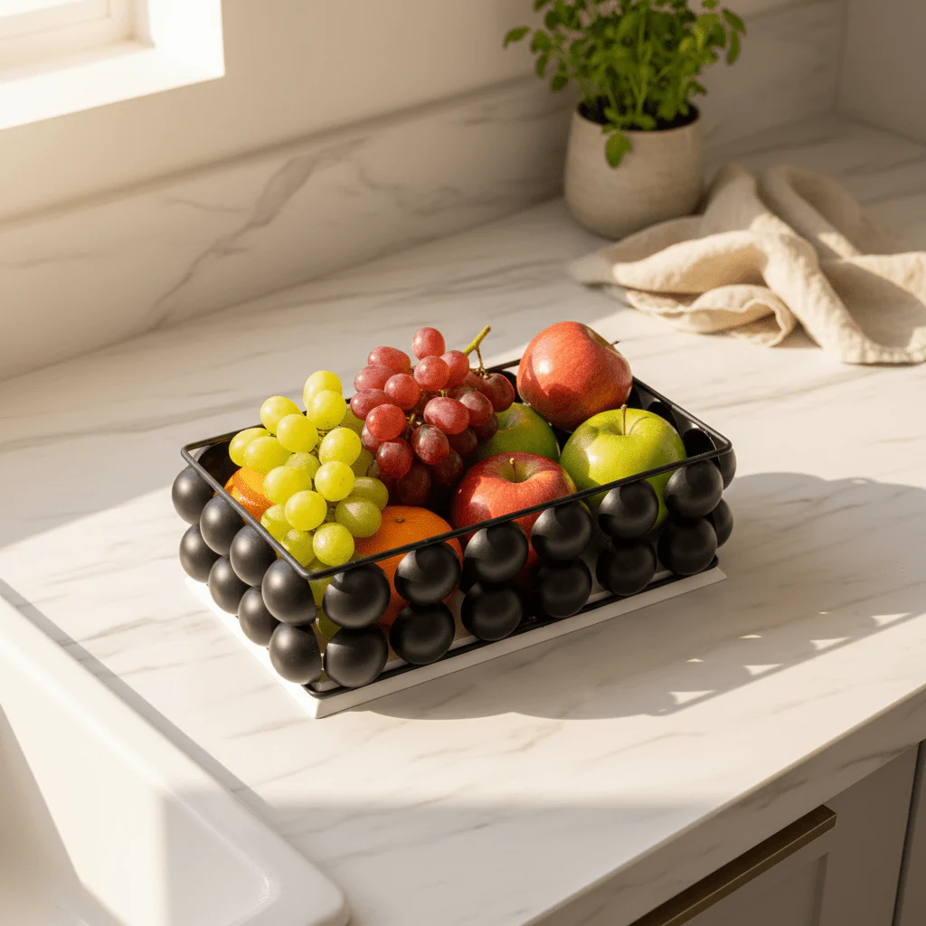 AKDC Elegant Black and White Bubble Design Metal Fruit Tray 22 x 10 cm Rectangular Serving Tray for Fruits - Image 2