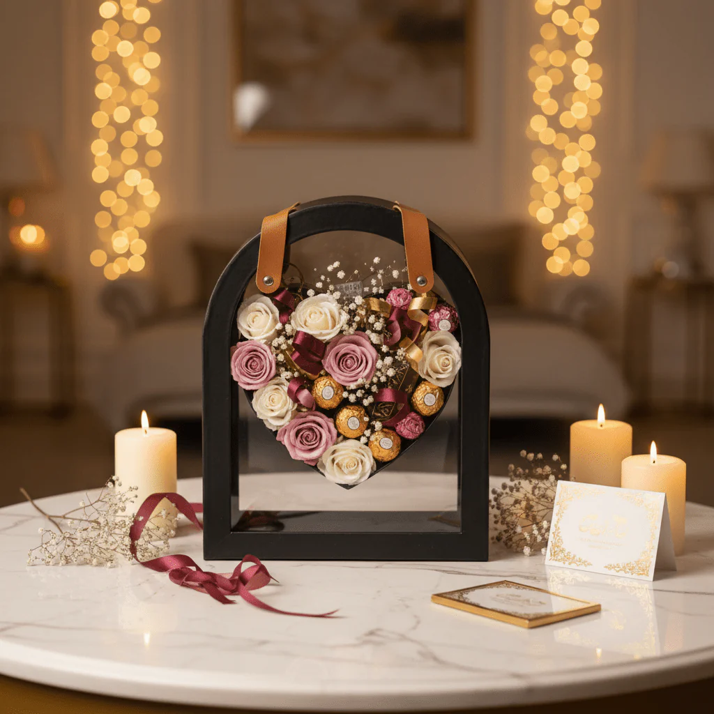AKDC Elegant Black Arch Frame Heart Design Cardboard Gift Box with Clear Plastic Cover & Faux Leather Handles for Luxury Gift Hampers - Image 2