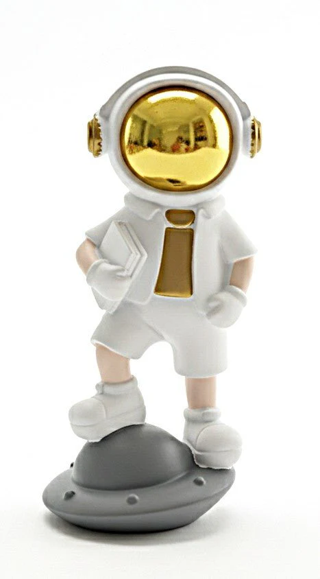 AKDC Elegant Ceramic Astronaut on White & Gold Spaceship Figurine – Modern Space Explorer Home Décor 14 cm