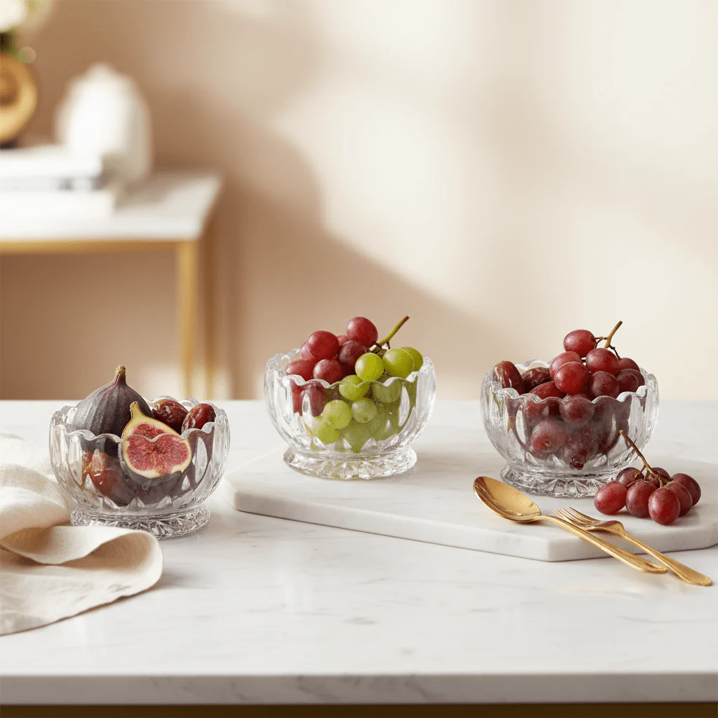 AKDC Elegant Clear Glass Serving Bowls for Desserts, Fruits & Snacks – Multipurpose Bowl Set of 3 - Image 2