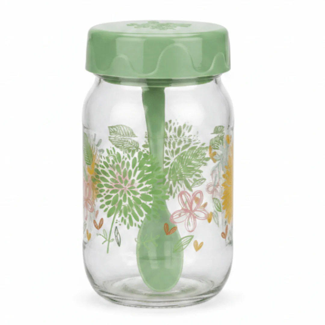 AKDC Elegant Clear Glass Storage Jar with Airtight Green Plastic Spoon & Lid for Kitchen Storage – 370 ml Capacity