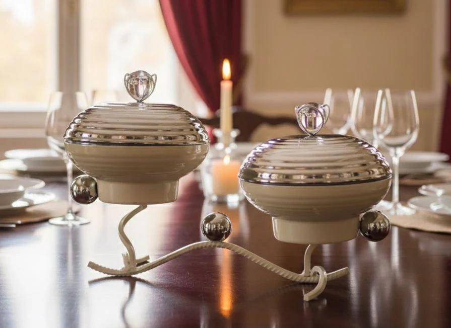 AKDC Elegant Dual Serving Candy Bowl with Lid and Stand 30cm*14cm*20cm, Ivory/Silver