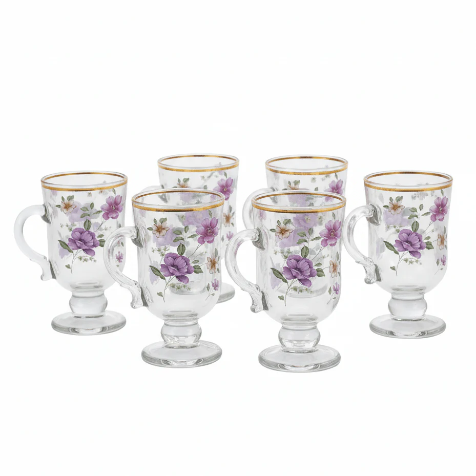 Elegant Floral Glass Mug Set of 6 | 150ml | Gold Rim | Gift Box