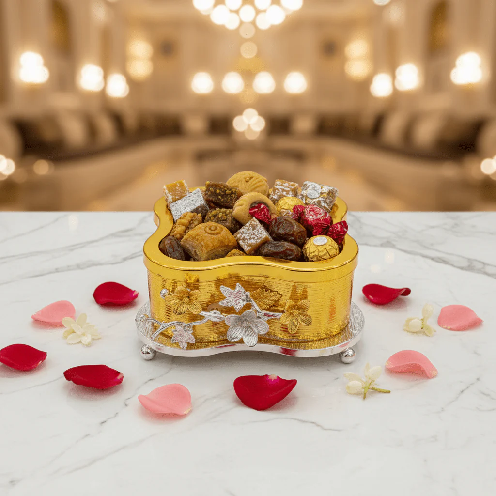 AKDC Elegant Gold & Silver Metal Candy Box with Glass Lid – Decorative Sweet Storage Jar 15 cm - Image 2