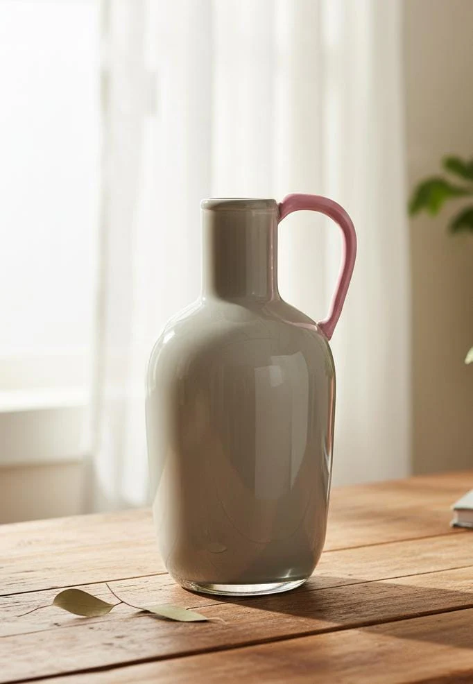 AKDC Elegant Gray Glass Vase with Premium Pink Handle – Decorative Home Accent – 30×15 cm - Image 2