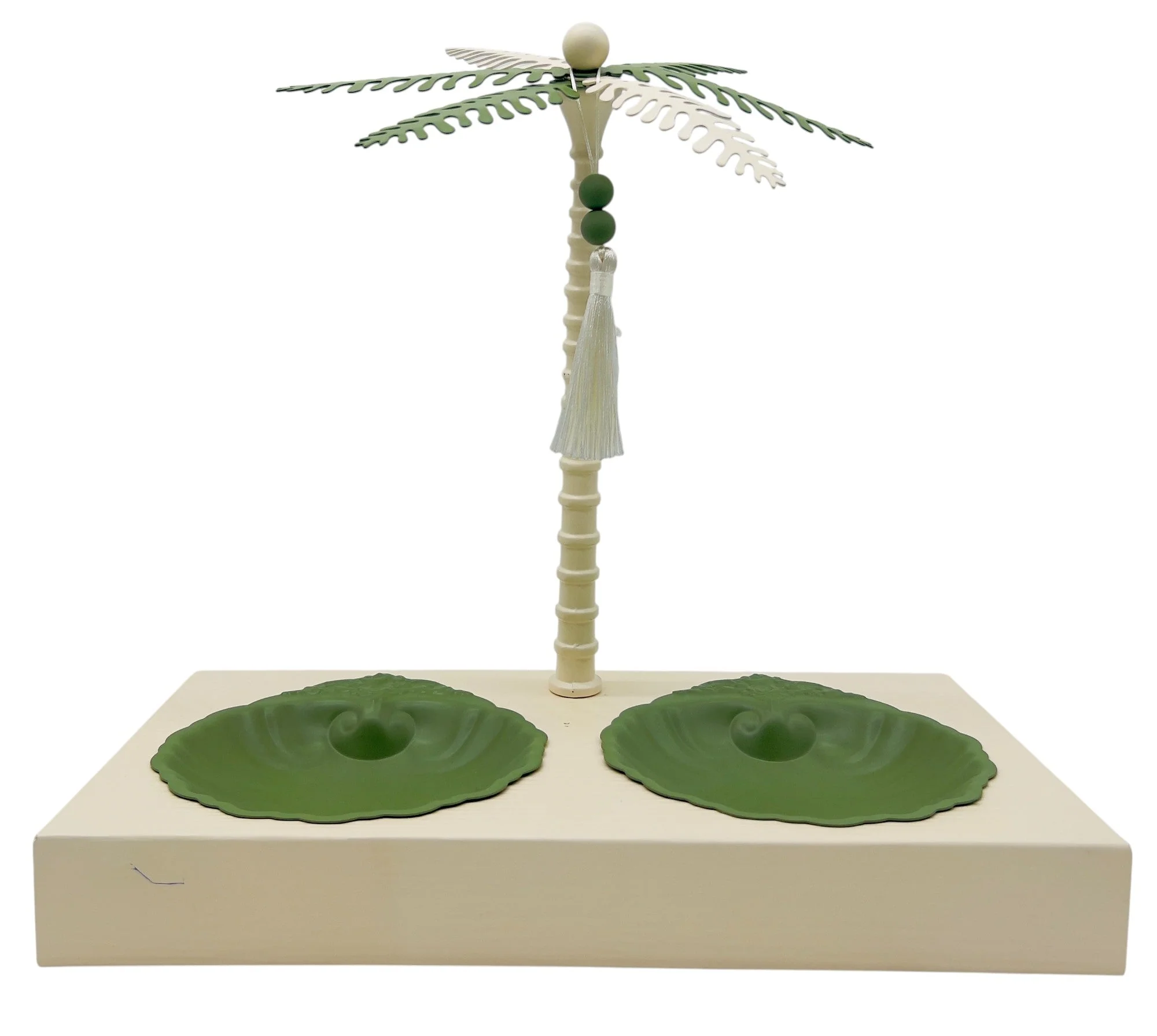 AKDC Elegant Palm Metal 2pcs Candy Bowls with Stand 35cm*18cm*32.5cm, Ivory/Green