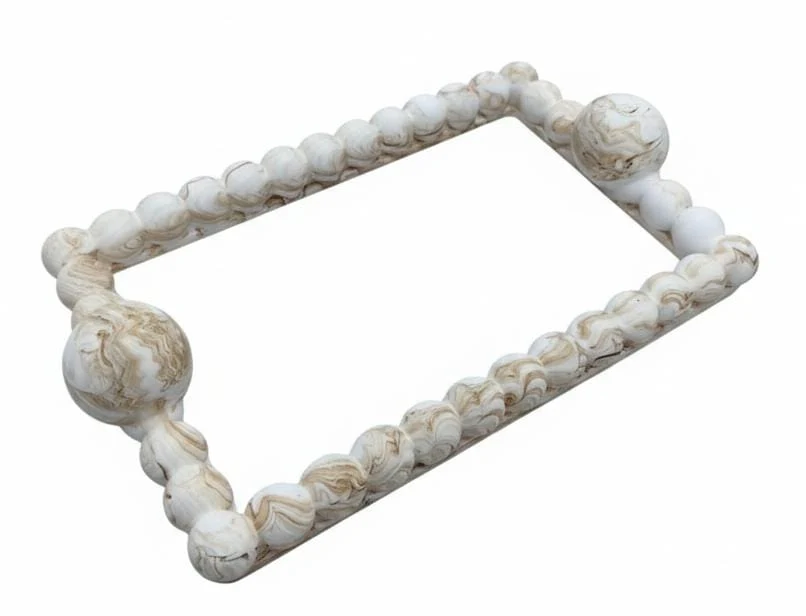 AKDC Elegant Rectangular Glass Serving Tray – White Plaster of Paris Finish with Classic Gold Accent (29 × 19 cm)