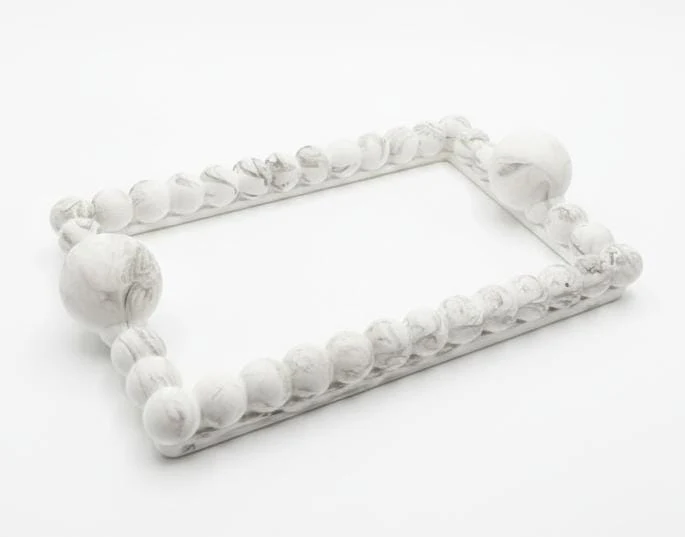 AKDC Elegant Rectangular Glass Serving Tray – White Plaster of Paris Finish with Classic Silver Accent (29 × 19 cm)