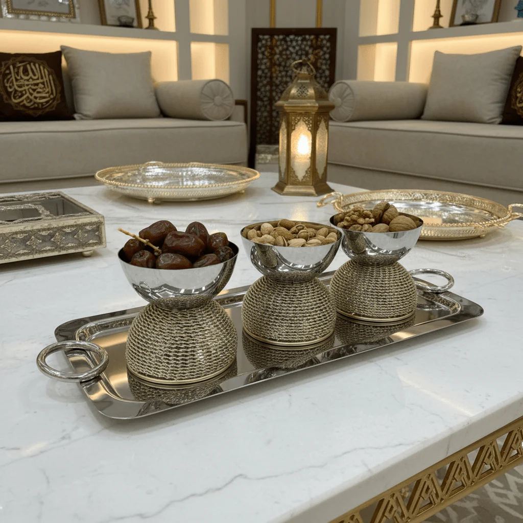 AKDC Elegant Rectangular Serving Tray in Silver Stainless Steel with Gold Accents & 3 Matching Bowls – Perfect for Snacks & Dips – 40 × 15 cm - Image 2