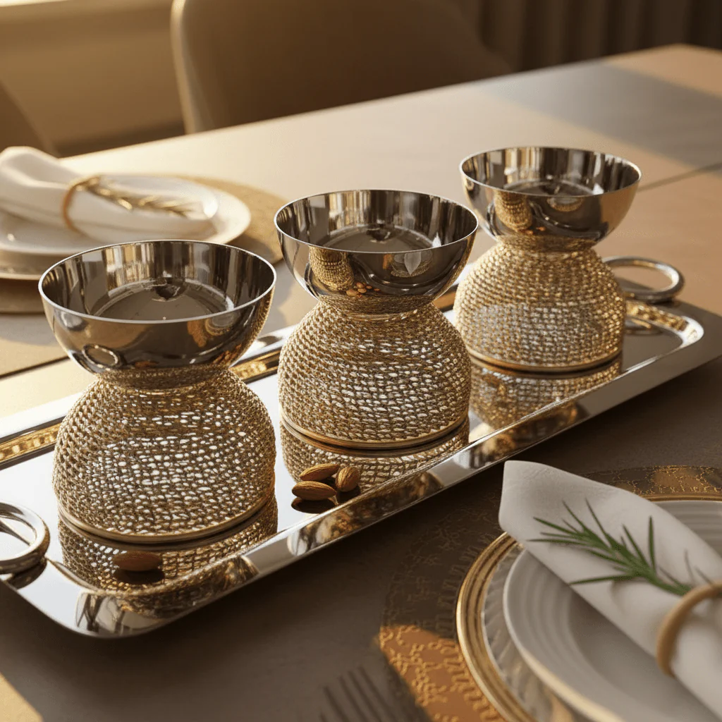 AKDC Elegant Rectangular Serving Tray in Silver Stainless Steel with Gold Accents & 3 Matching Bowls – Perfect for Snacks & Dips – 40 × 15 cm - Image 3