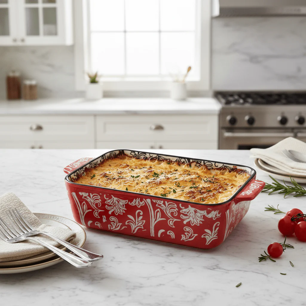 Elegant Red and White Ceramic Baking Dish – Durable Oven-to-Table Cookware (21×15 cm) - Image 3