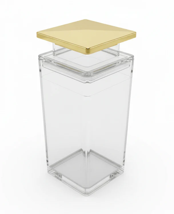AKDC Elegant Sqr Airtight Acrylic Storage Canister with Crystal Clear Body & Premium Gold Lid – Decorative Kitchen Jar, 1000 ml