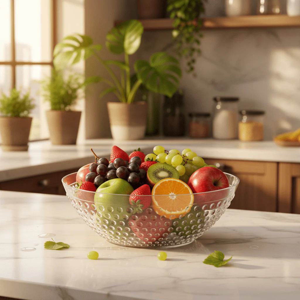 AKDC Elegant Round Clear Acrylic Fruit Bowl for Kitchen Counter, Dining Table and Decorative Display – Premium Finish 25 cm - Image 2