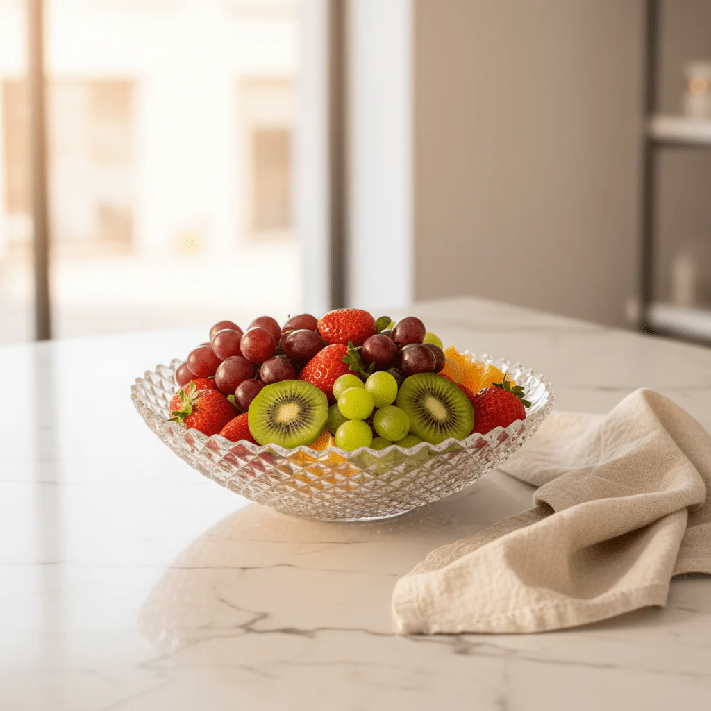 AKDC Elegant Round Clear Acrylic Fruit Serving Plate for Snacks, Fruits and Desserts – Stylish Tableware 25 cm - Image 2