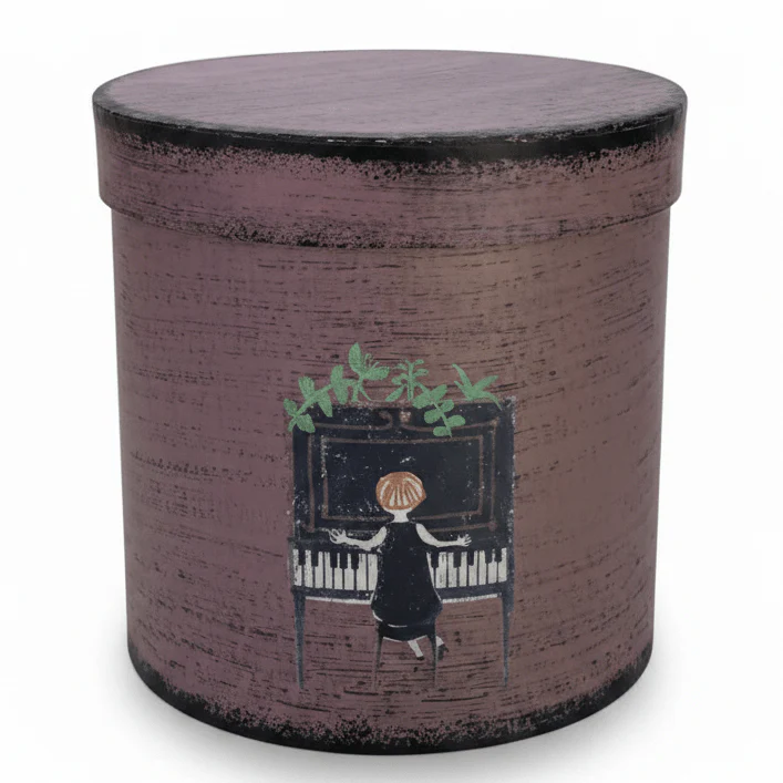 AKDC Elegant Round Dusty Mauve Cardboard Gift Box with Piano Girl Artwork Lid for Jewelry, Keepsakes & Decorative Gift Packaging – 17×17 cm