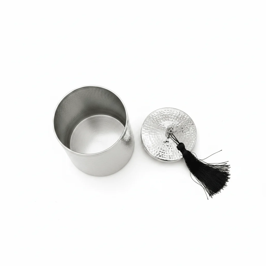 AKDC Elegant Silver Metal Dates Serving Pot with Lid for Ramadan, Hospitality, and Table Presentation (15 × 11 cm) - Image 2
