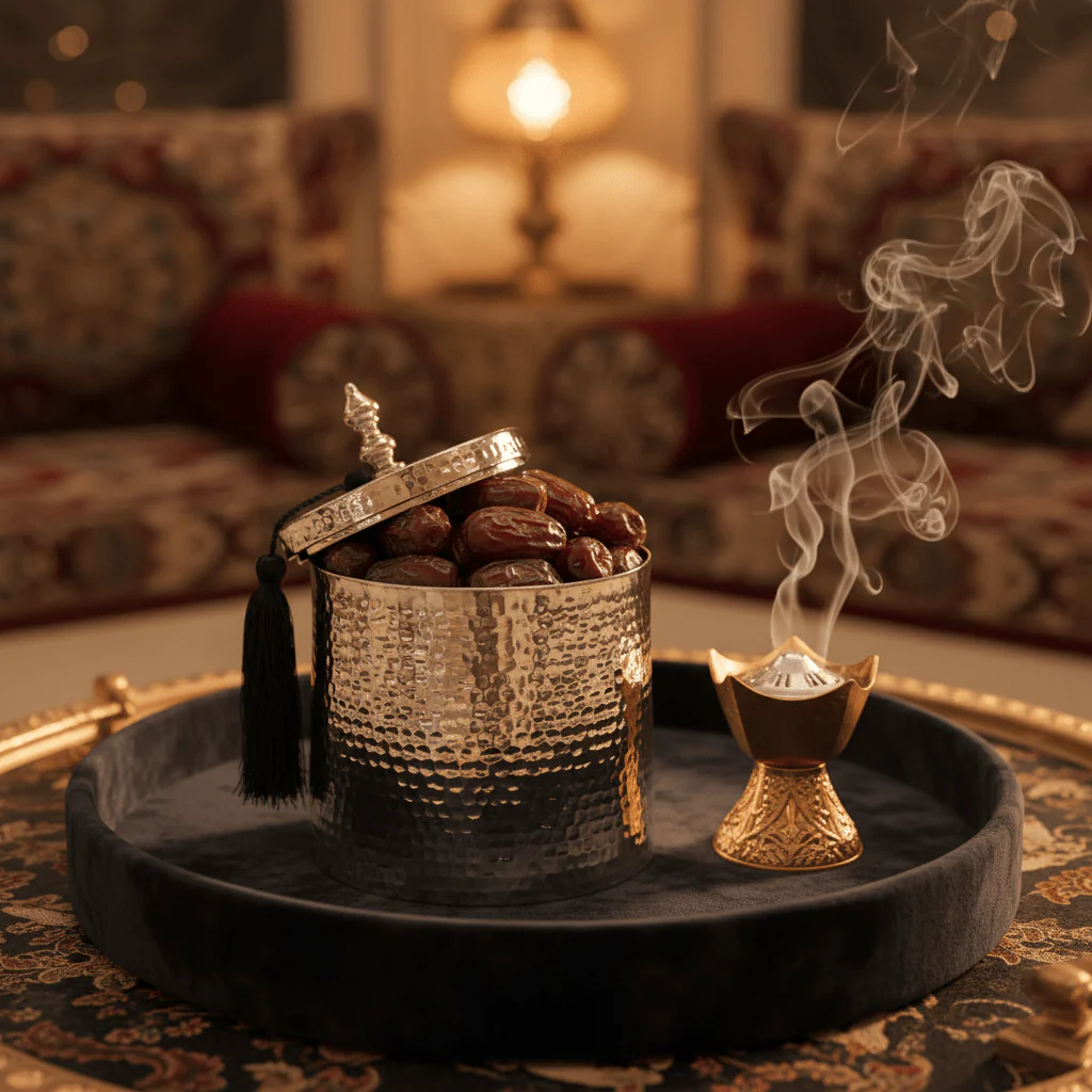 AKDC Elegant Silver Metal Dates Serving Pot with Lid for Ramadan, Hospitality, and Table Presentation (15 × 11 cm) - Image 3
