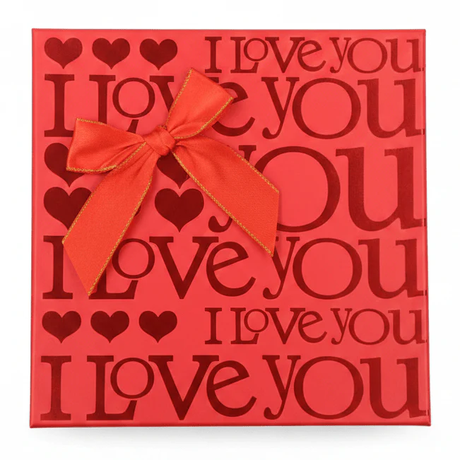 AKDC Elegant Square Red Cardboard Gift Box with Love Text Design for Romantic Gifts, Valentine Packaging & Gift Hampers – 18×18×10 cm