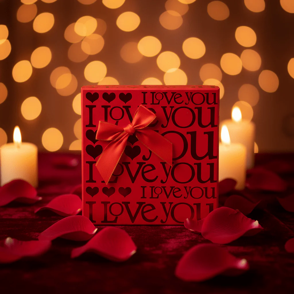 AKDC Elegant Square Red Cardboard Gift Box with Love Text Design for Romantic Gifts, Valentine Packaging & Gift Hampers – 18×18×10 cm - Image 2