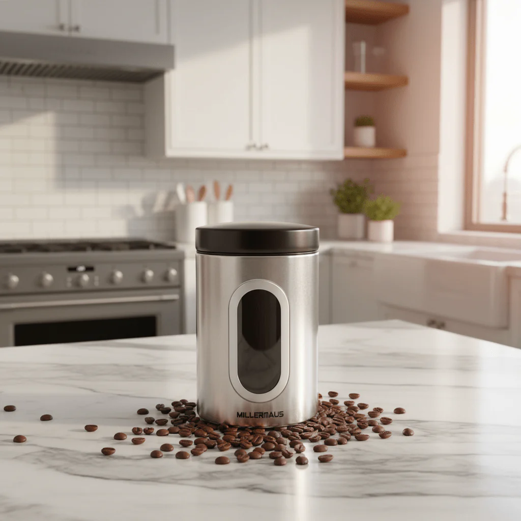 AKDC Elegant Stainless Steel Kitchen Storage Canister with Airtight Black Lid, Modern Countertop Design 1.1L - Image 2