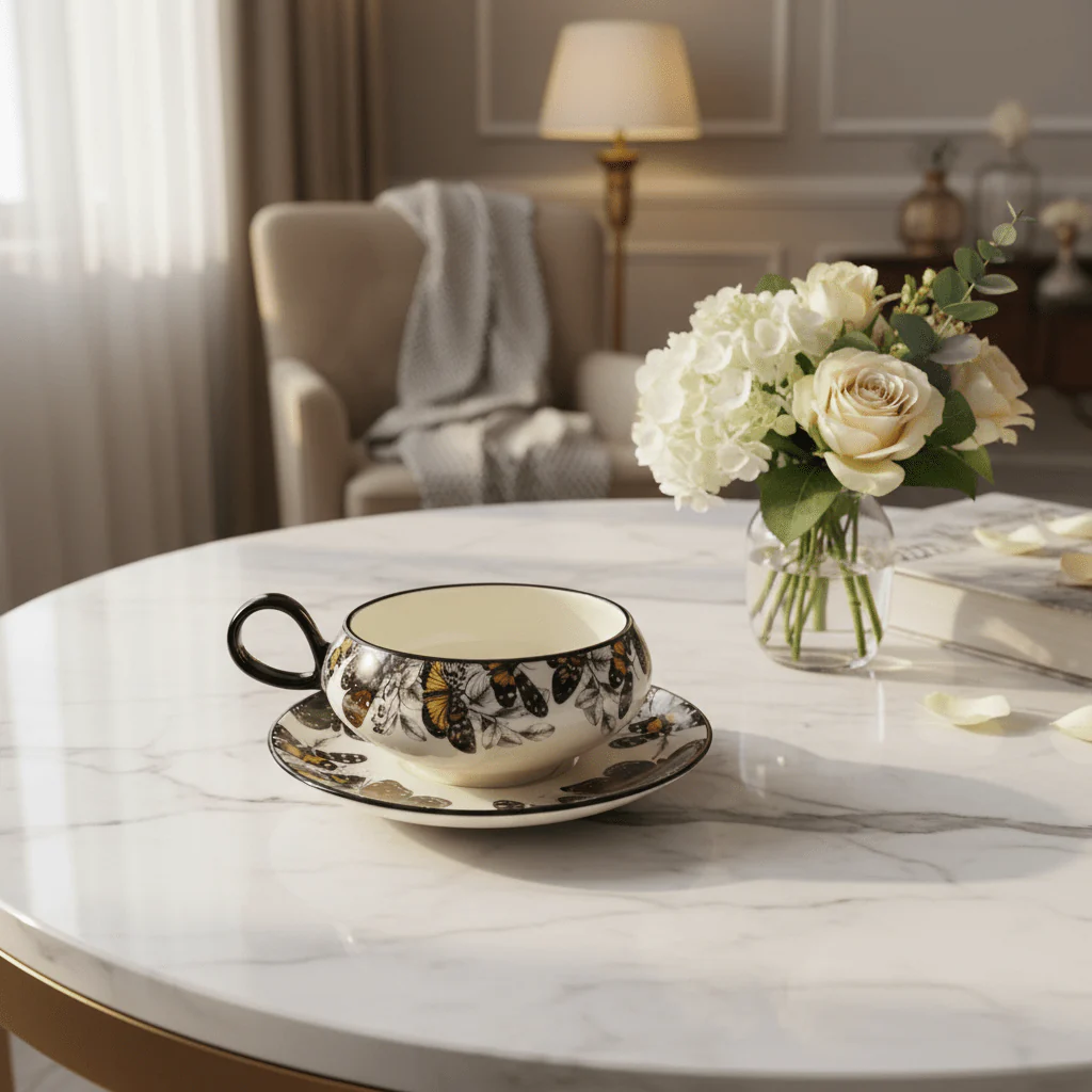 AKDC Elegant White Ceramic Cup & Saucer Set with Artistic Black Butterfly Design, Decorative Drinkware 200ml - Image 2
