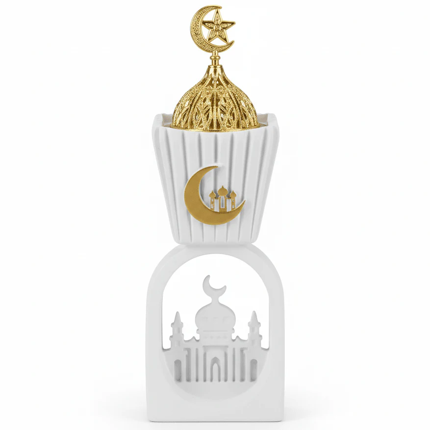 AKDC Elegant White Ceramic Incense Burner with Shiny Gold Lid – Luxury Decorative Aromatherapy Accessory – 20 cm
