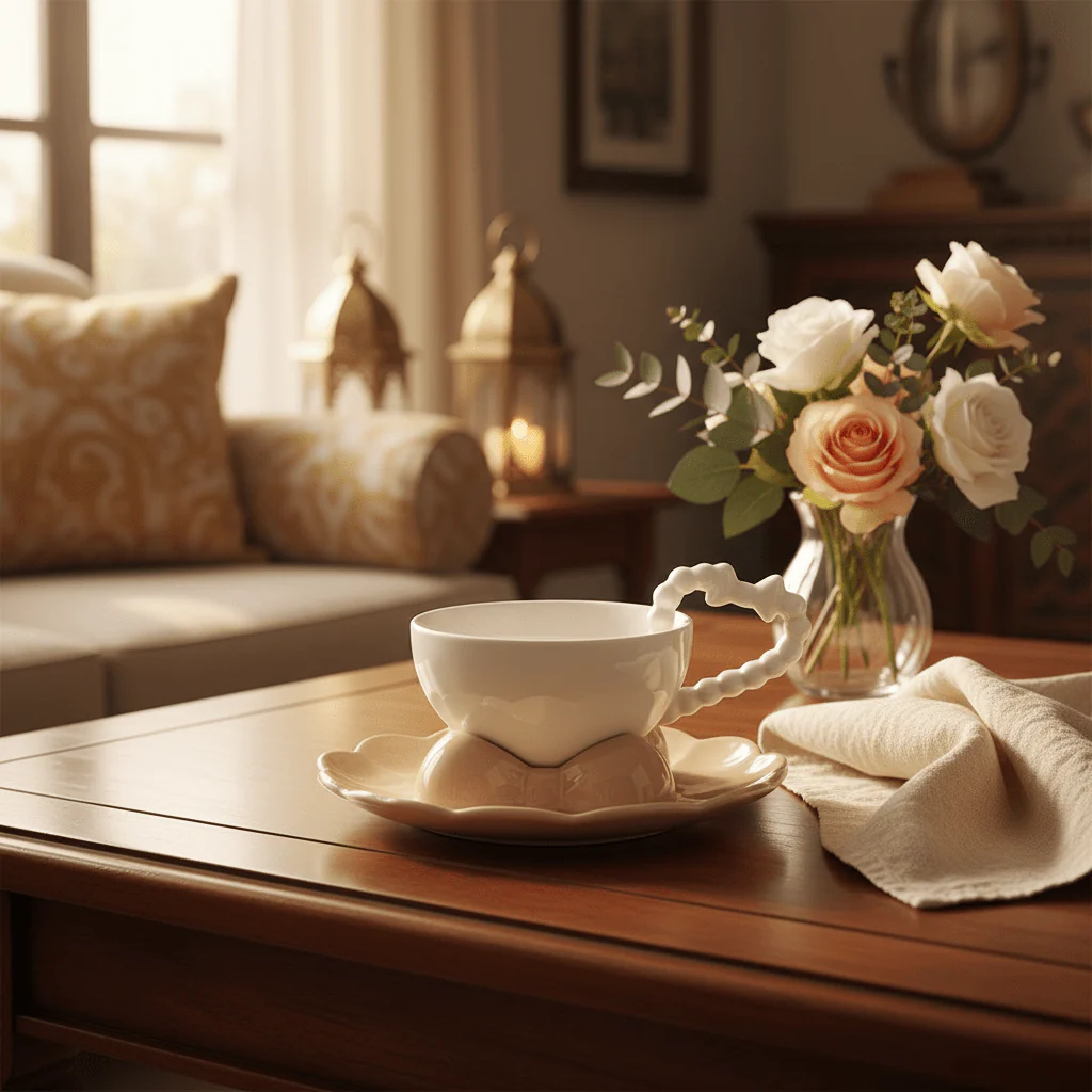 AKDC Elegant White Ceramic Mug with Beige Saucer & Comfortable Grip Handle 250ml - Image 2