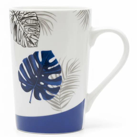 AKDC Elegant White Ceramic Mug with Blue Leaf Design for Coffee, Tea & Beverage Serving – 250ml