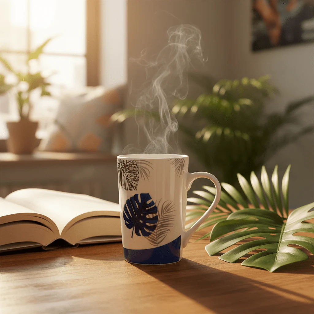 AKDC Elegant White Ceramic Mug with Blue Leaf Design for Coffee, Tea & Beverage Serving – 250ml - Image 2