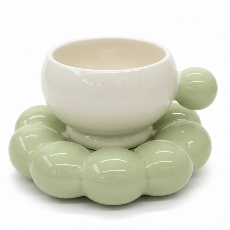 AKDC Elegant White Ceramic Mug with Green Handle & Matching Saucer for Tea & Coffee 250ml