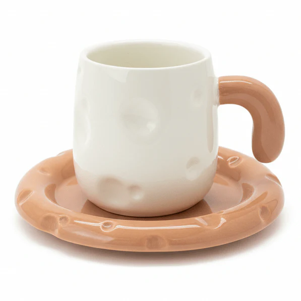 AKDC Elegant White Ceramic Mug with Peach Color Handle & Matching Saucer Set 250ml