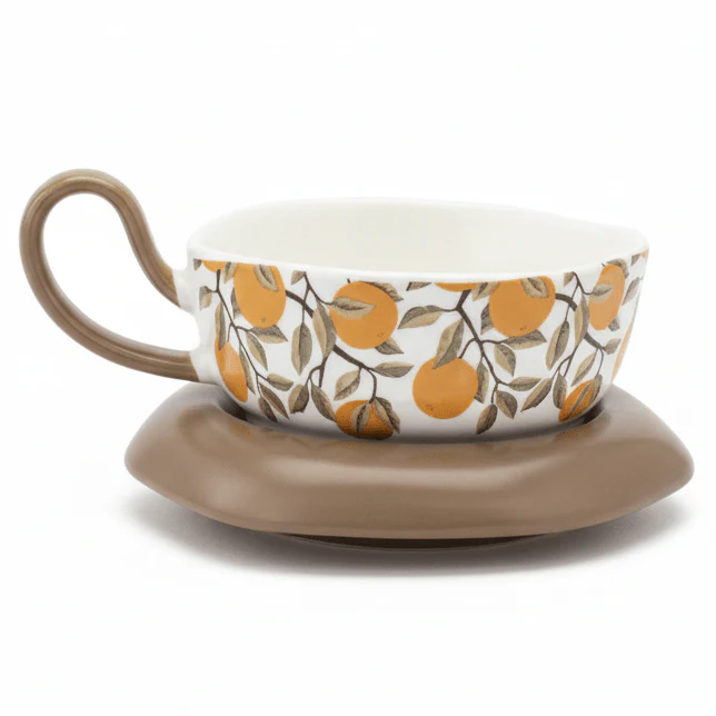 AKDC Elegant White Ceramic Tea Cup with Orange Fruit Print & Taupe Saucer, Modern Tea Set 200ml