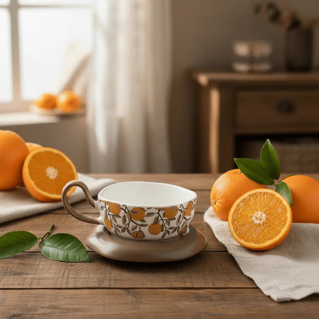 AKDC Elegant White Ceramic Tea Cup with Orange Fruit Print & Taupe Saucer, Modern Tea Set 200ml - Image 2