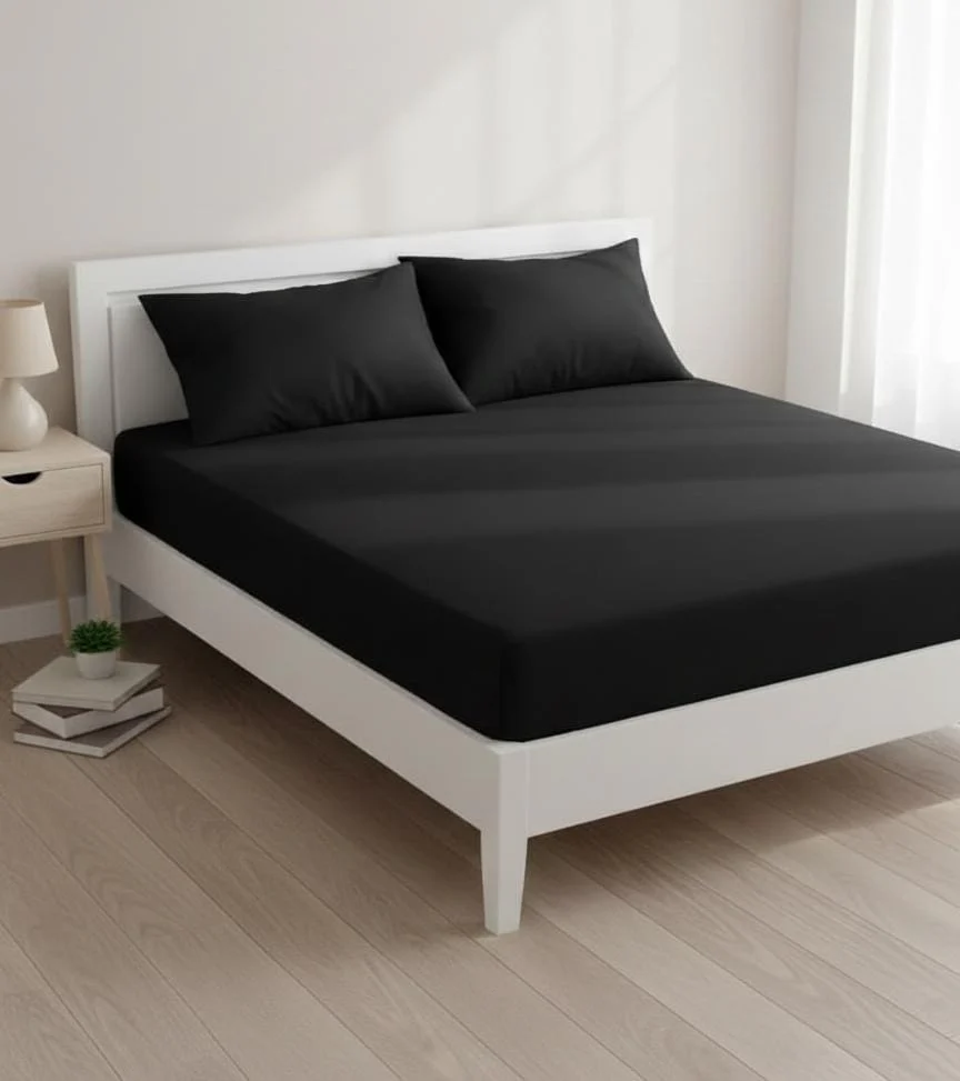 AKDC Elegant White Microfibre Fitted Bed Sheet Set 200x200x25cm with 2 Sleek Black Pillowcases