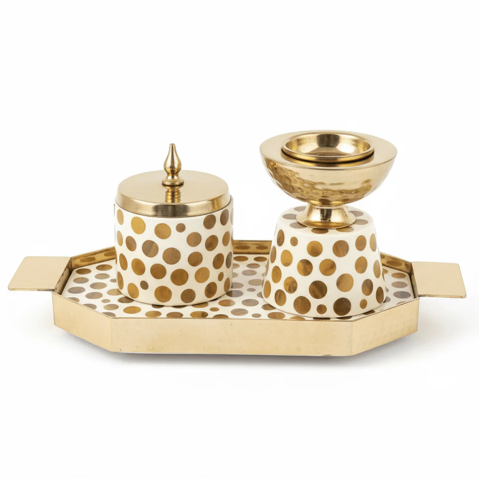 AKDC Artisan Elegance | Gold & Cream Polka Dot Incense Burner Set with Tray — Luxury Arabian Home Fragrance Collection