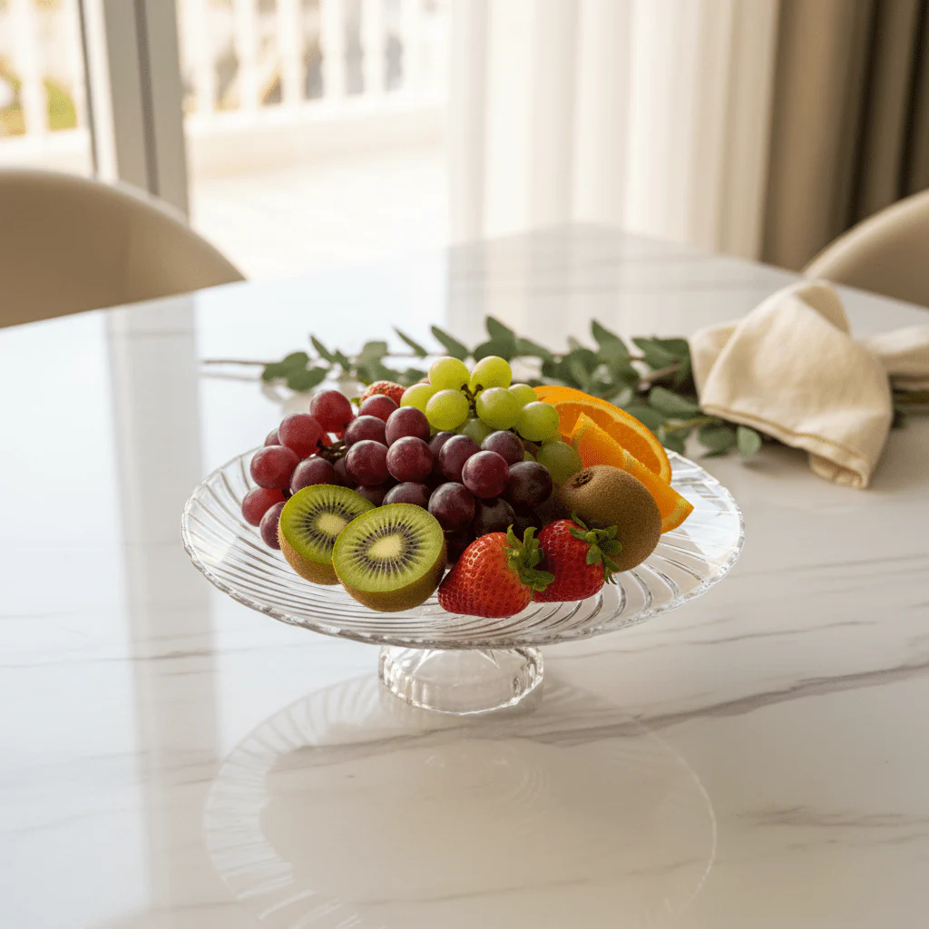 AKDC Footed Glass Fruit Plate – Decorative Elevated Plate for Serving Fruits, Desserts & Snacks 20×10 cm - Image 2