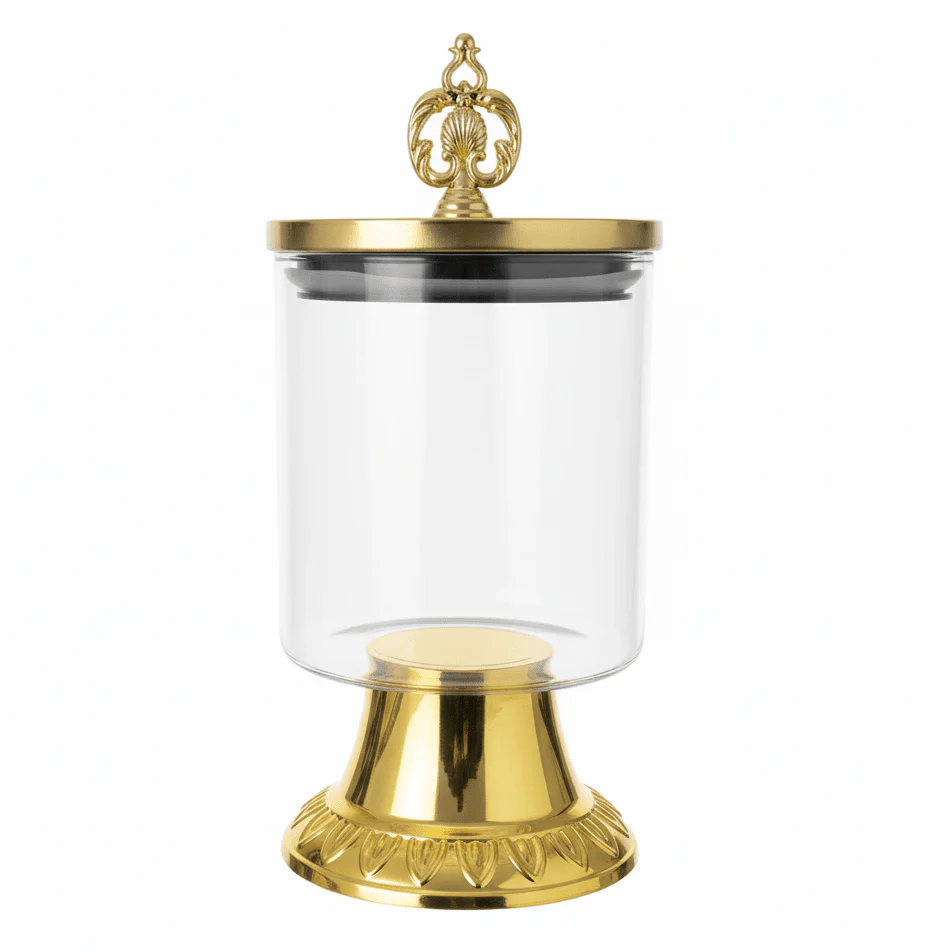 AKDC Footed Glass Storage Jar with Metal Base – Luxury Display Jar for Candy Snacks & Kitchen Storage – 18x10 cm