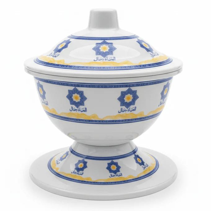 AKDC Footed Melamine Bowl with Lid – Arabic Art Design, Elegant Serving Bowl for Dining Table & Kitchen (16 × 12 cm)