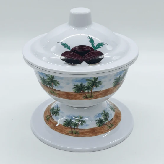 AKDC Footed Melamine Serving Bowl with Lid – Palm Tree Design, Durable Food-Grade Material for Kitchen & Dining (16 × 12 cm)