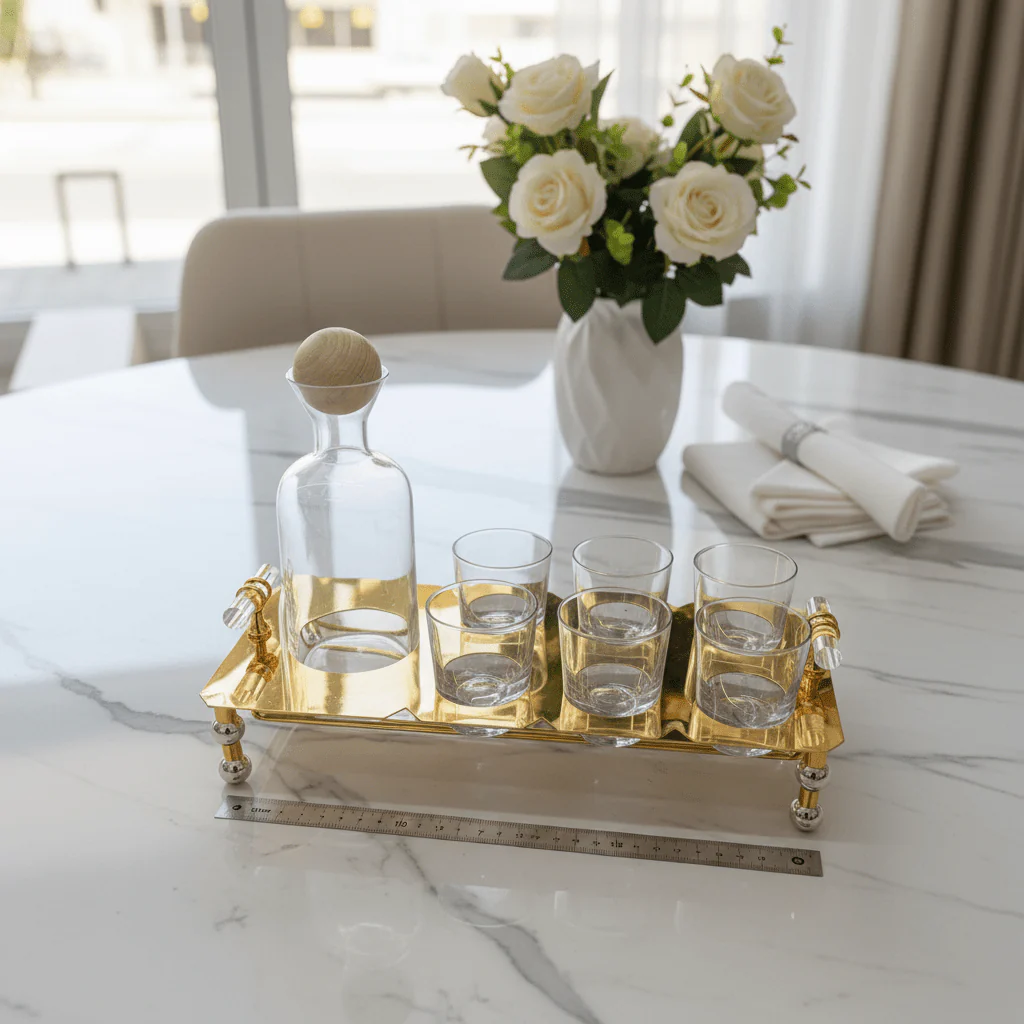 AKDC Glass Beverage Set with Gold Metal Holder 45×20 cm Elegant Drink Serving Set for Guests - Image 2