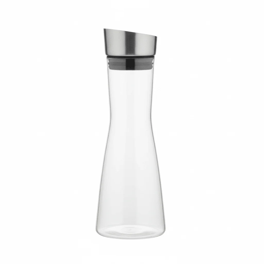 AKDC Crystal-Clear Glass Carafe Bottle with Stainless Steel Stopper — Elegant Hourglass Design, 1 Litre