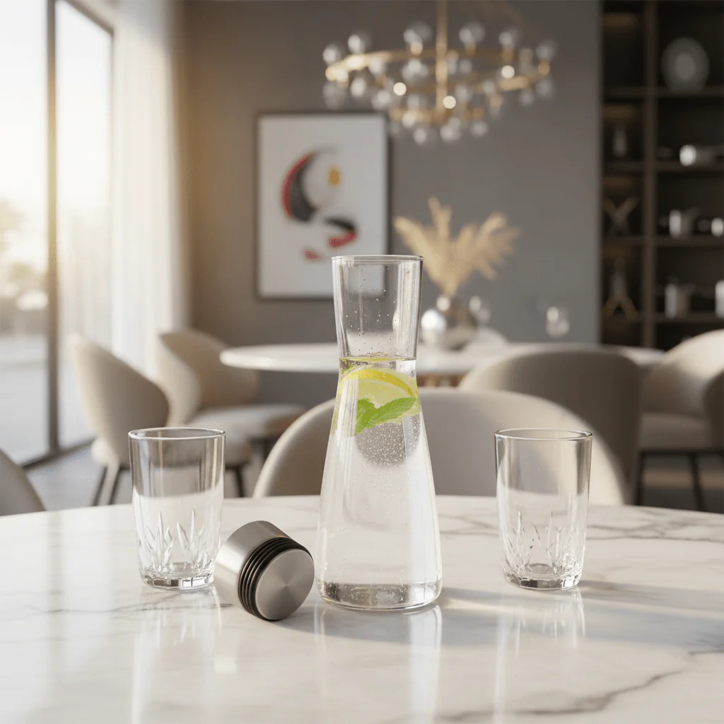AKDC Crystal-Clear Glass Carafe Bottle with Stainless Steel Stopper — Elegant Hourglass Design, 1 Litre - Image 2