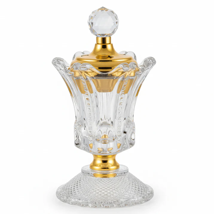 AKDC Glass Incense Burner with Golden Lid 10×19.5cm for Aromatherapy, Meditation, Relaxation, and Luxury Home Decoration