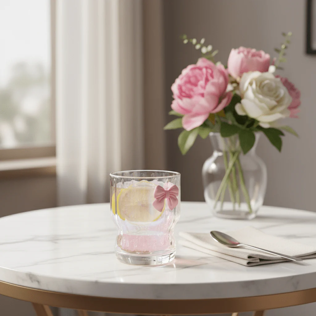 AKDC Iridescent Ribbed Glass Tumbler with Pink Bow Detail | 310ml | Drinkware - Image 2