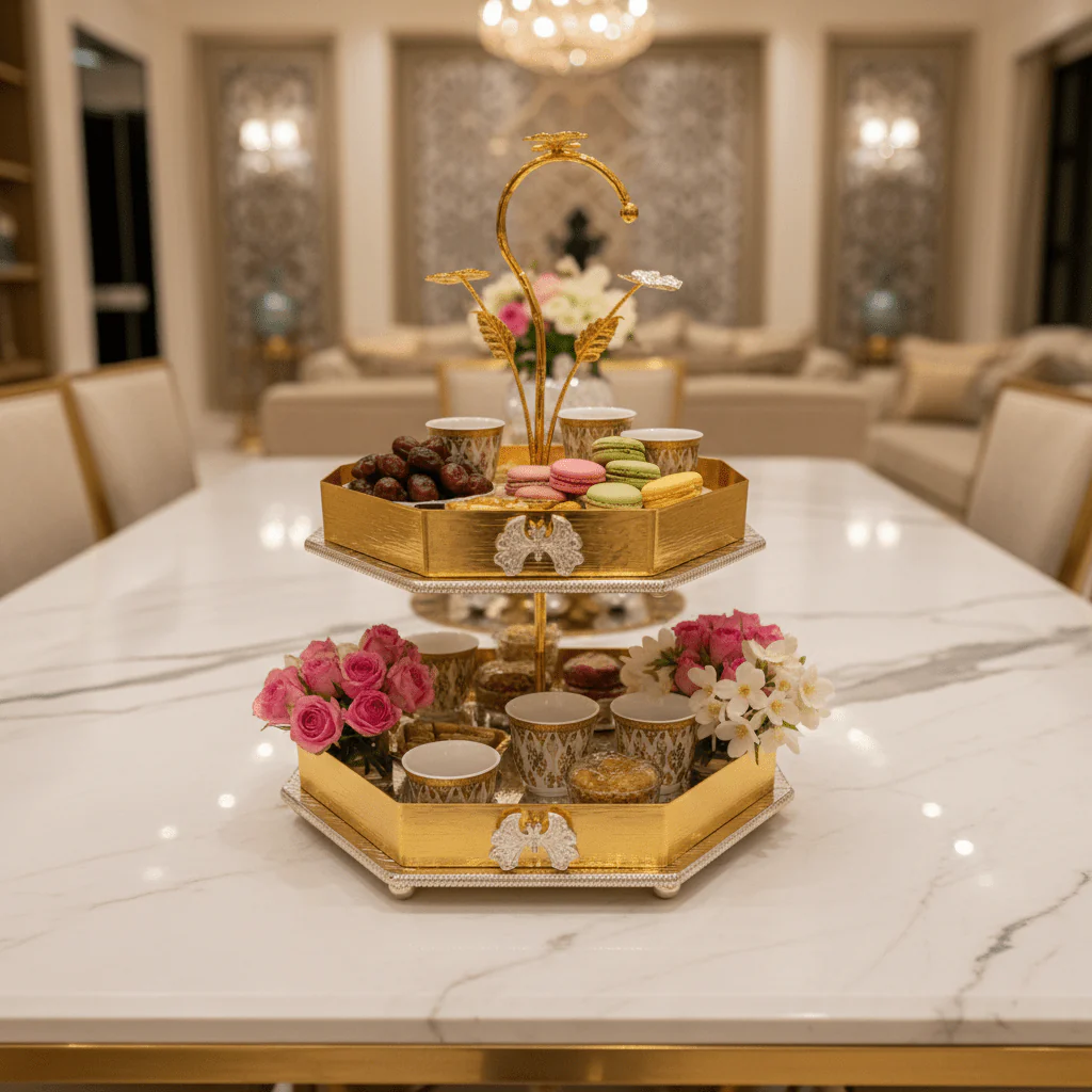AKDC Gold 2 Tier Serving Tray Stand Elegant Dessert Display Rack for Cakes Fruits and Party Serving 50 x 30 cm - Image 2