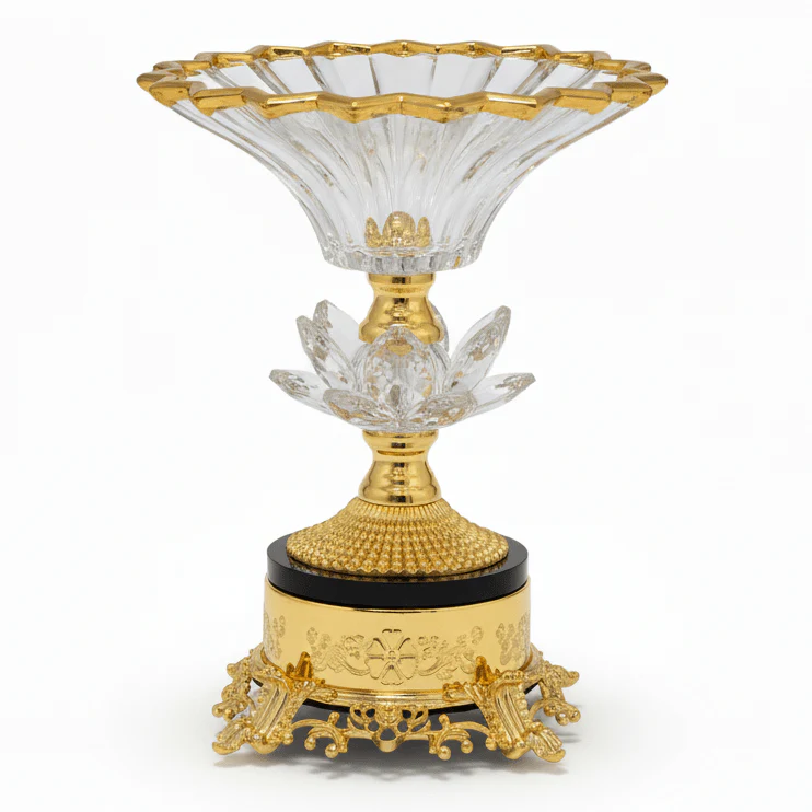 AKDC Gold Base Footed Glass Fruit Bowl – Decorative Serving Bowl for Fruits & Center Table Display – 20×15 cm