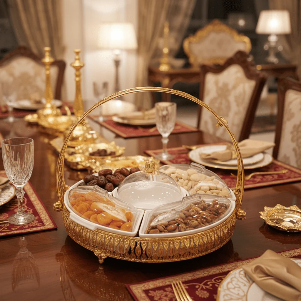 AKDC Gold Candy Tray with 3 Sections and Bowl Luxury Serving Set for Snacks Sweets and Dry Fruits 35 cm - Image 2