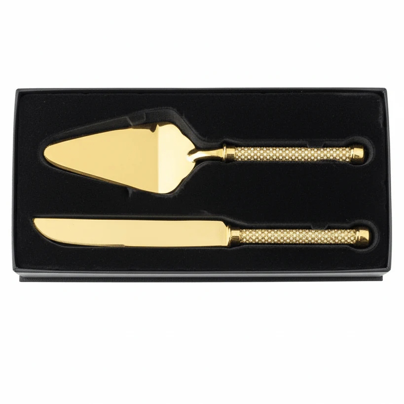 AKDC  Stainless Steel Gold Diamond Pattern Handle Cake Serving Set Premium Cake Knife and Server Set for Celebrations – 30 cm