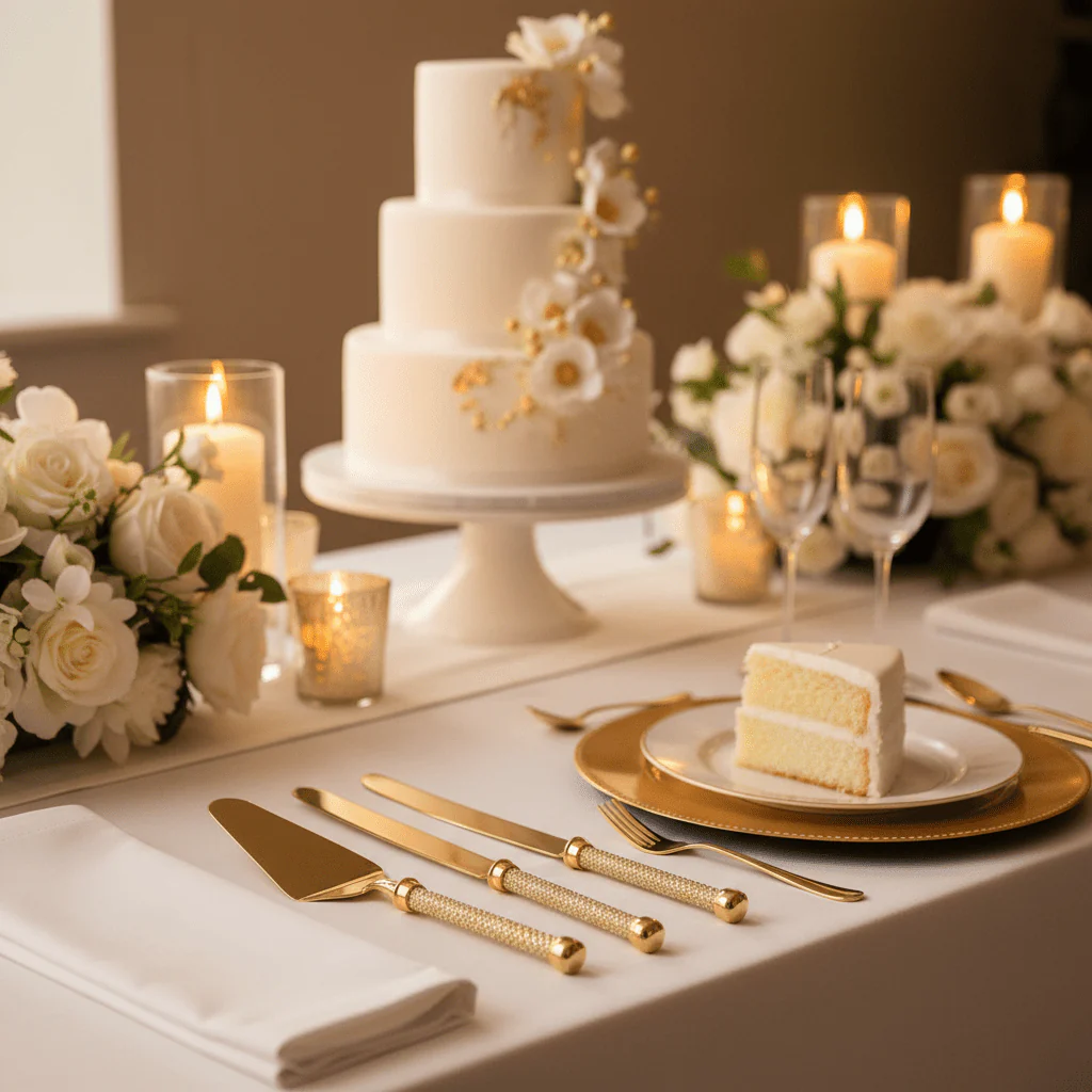 AKDC  Stainless Steel Gold Diamond Pattern Handle Cake Serving Set Premium Cake Knife and Server Set for Celebrations – 30 cm - Image 2