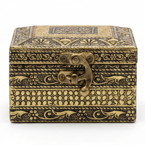AKDC Golden and Black Wooden Jewellery Storage Box with Antique Brass Lock, Compact Design (4 inch)